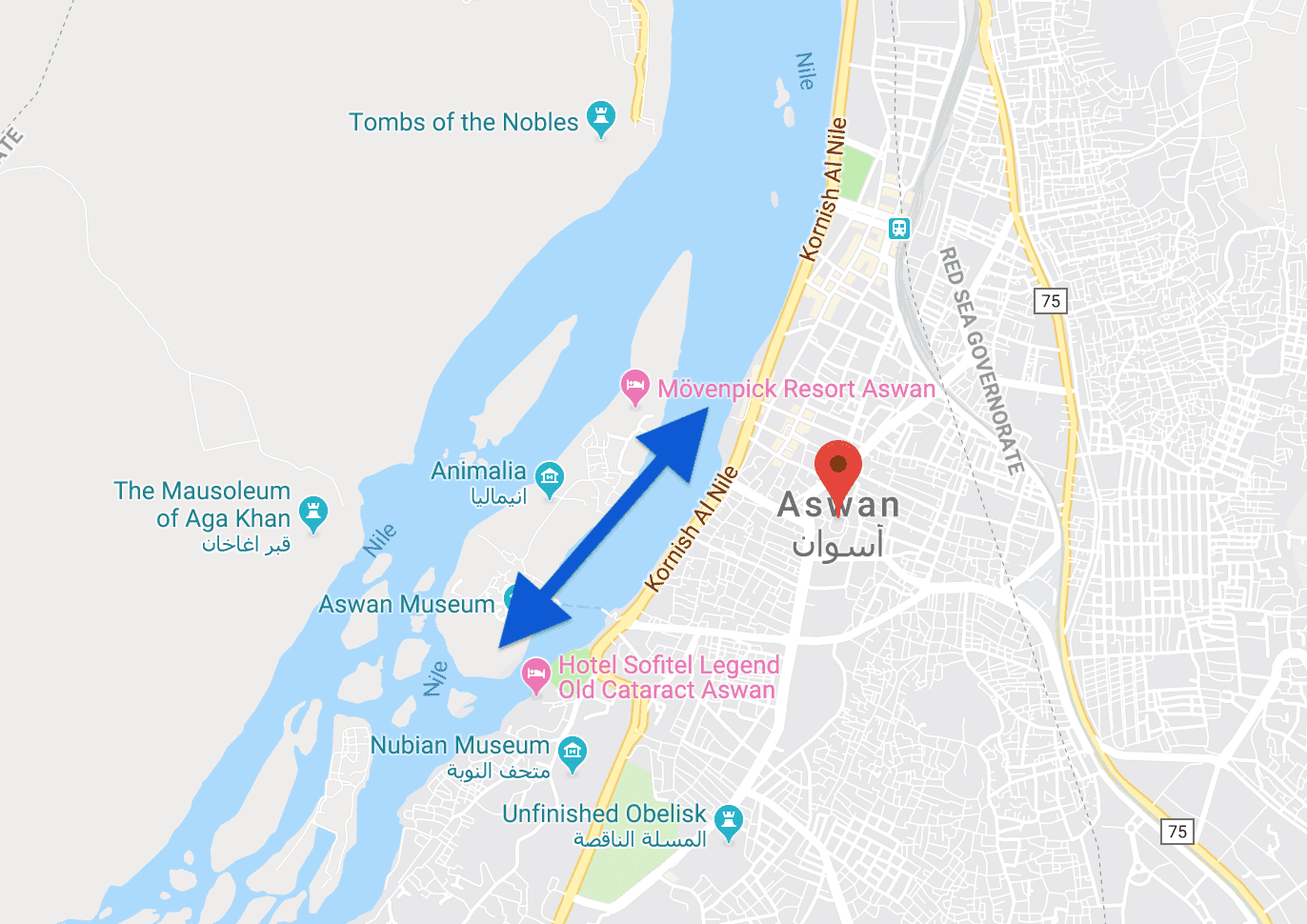 Map shows the Nile River in Aswan area, where felucca rides happen with tourists.